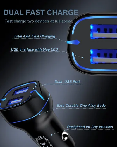 Vista 2 de Cargador de teléfono de coche Cable Lightning Cargador de carga rápida para iPhone 14 13 Apple Lightening Wire 6FT+4.8A Dual Port USB Cigarette