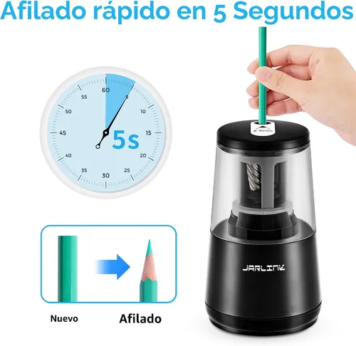 Vista 2 de Jarlink - Sacapuntas eléctrico con hoja de alta resistencia para afilar rápidamente y parada automática para lápices número 2 y de colores (6-8 mm)