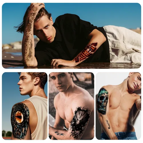 Vista 4 de 77 hojas de tatuajes temporales 3D para hombres y mujeres, diseño de león, tigre, dragón, araña, escorpión, serpiente, medusa, rosa, para cuello