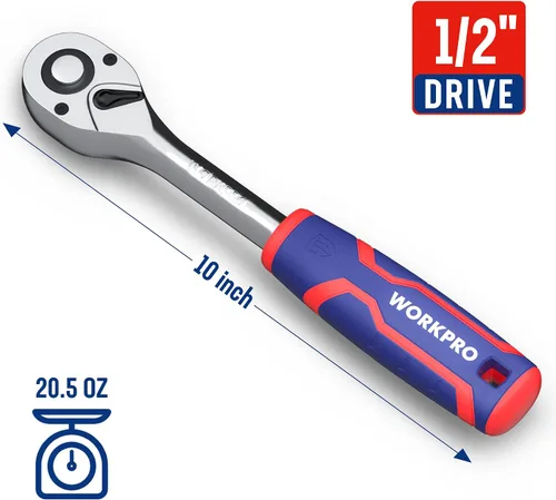 Vista 2 de WORKPRO Mango de trinquete de accionamiento de 1/2 pulgadas, trinquete reversible de 72 dientes, mango de trinquete de liberación rápida de 1/2