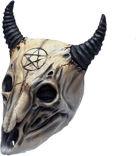 Vista 2 de Gurús del tesoro aterrador de cabeza de calavera de cabra demonio de cara completa, máscara de diablo decoración de película de terror, disfraz