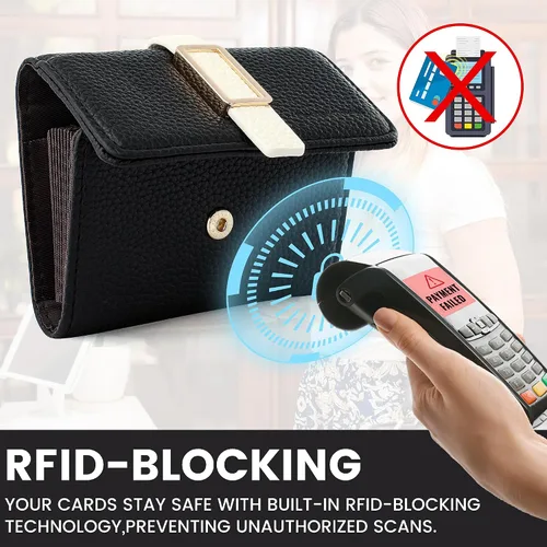 Vista 5 de Pomelo Best Cartera RFID para mujer, pequeña funda de cuero con cremallera y 11 ranuras para tarjetas, Negro, Classic