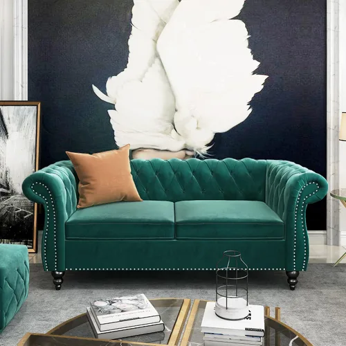 Vista 19 de RARZOE Chesterfield - Silla contemporánea de terciopelo Chesterfield, silla de club de terciopelo, silla Chesterfield con brazos enrollados de Azul