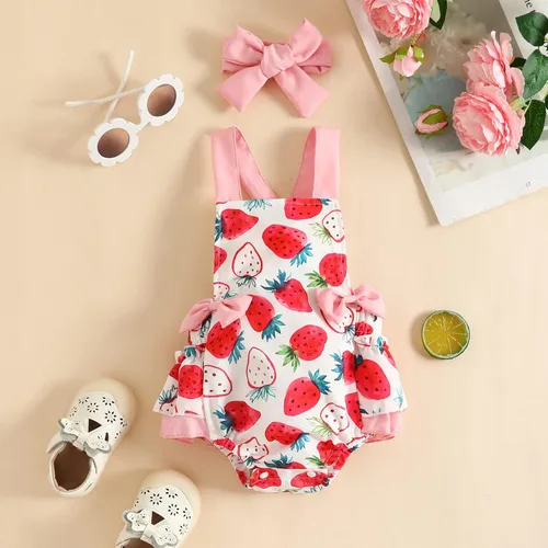 Vista 2 de LBDFBJY Mameluco sin mangas para bebé y niña, sin espalda, estampado de fresa, de verano, de una pieza, con diadema