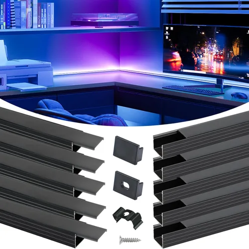 Vista 14 de Muzata Paquete de 10 unidades de 6.6 pies/6.6 ft con sistema de canal LED negro en forma de U con cubierta de difusor blanco lechoso esmerilado