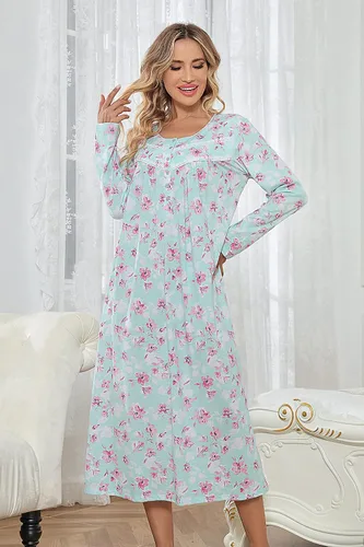 Vista 2 de IZZY + TOBY Camisones de algodón de manga larga para mujer, camisón de algodón suave para mujer, camisón largo para dormir