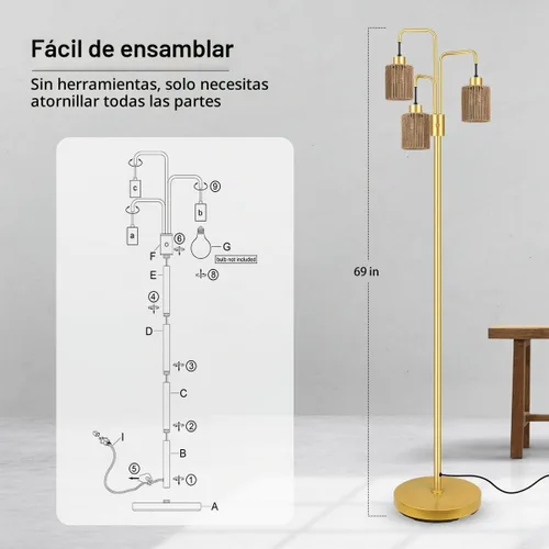 Vista 5 de Lámpara de pie industrial BoostArea para sala de estar, lámpara de pie moderna dorada con 3 luces, lámpara de pie para pararse con diseño simple