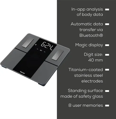 Vista 7 de Beurer Báscula de análisis corporal inteligente BF500 con Bluetooth y aplicación, escala de diagnóstico digital precisa que mide la grasa corporal