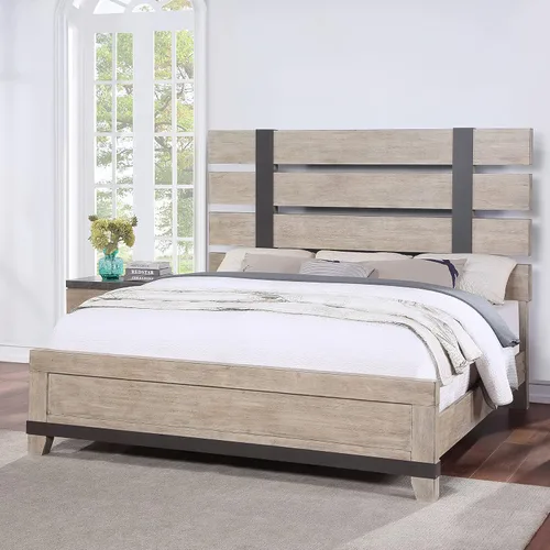 Vista 7 de Roundhill Furniture Arbela - Cama con paneles de listones de madera, tamaño Queen, roble desgastado