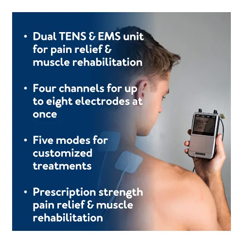Vista 2 de Roscoe Medical Unidad TENS y estimulador muscular EMS, 16 electrodos incluidos, máquina TENS OTC de 4 canales para aliviar el dolor de espalda