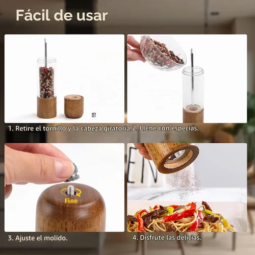 Vista 5 de Molinillo de sal y pimienta de madera, molinillo de sal y pimienta, cocteleras de madera de roble con molinillos de cerámica ajustables, 8 pulgadas