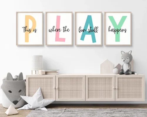 Vista 14 de Arte de pared para sala de juegos para niños, decoración de pared para habitación de niños, impresión en lienzo para sala de juegos para bebés
