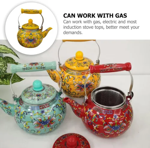 Vista 9 de Healeved Hervidor de té esmaltado con mango de cerámica e infusor de 2.2 L, hervidor de agua clásico floral, tetera de acero para estufa