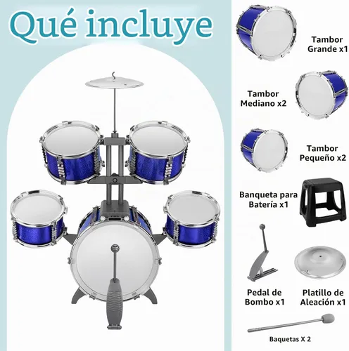 Vista 6 de Juego de batería para niños, 5 piezas, kit de batería de jazz con taburete Azul