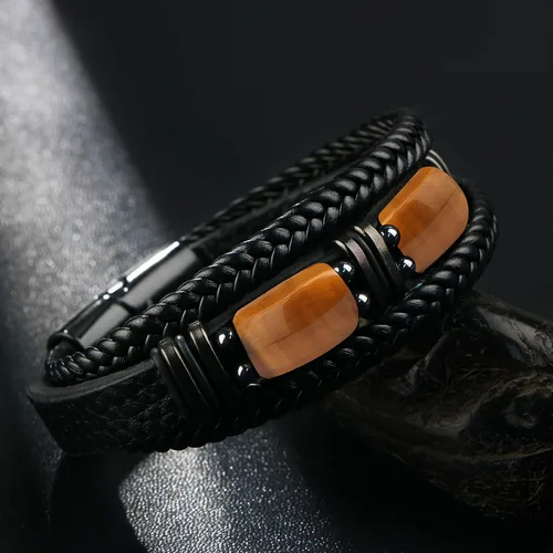 Vista 5 de Pulseras de cuero trenzado negro con ojo de tigre para hombre, hijo, nieto, novio, papá, marido, regalos para hombres, Navidad, cumpleaños, día