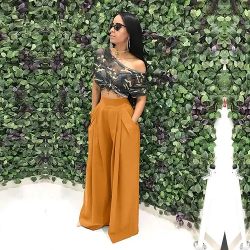 Vista 2 de LROSEY Pantalones palazzo elásticos casuales de pierna ancha con bolsillos para mujer, pantalones de vestir fluidos, pantalones de cintura alta