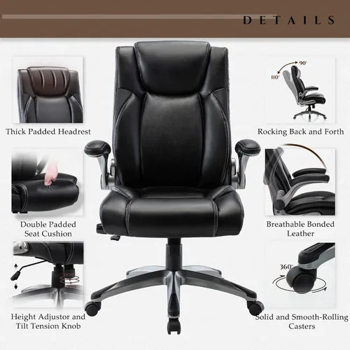 Vista 4 de COLAMY Silla Ergonómica de Oficina Ejecutiva con Cuero Sintético Grueso, Reposabrazos Abatibles, Respaldo Alto Ajustable en Altura e Inclinación