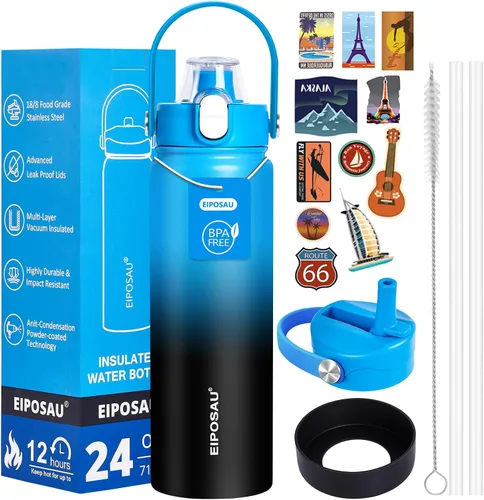 Vista 27 de Botella de agua aislada con tapa, bota y calcomanías, botella de acero inoxidable de 24 onzas, sin sudor, mantiene el frío las 24 horas, botella