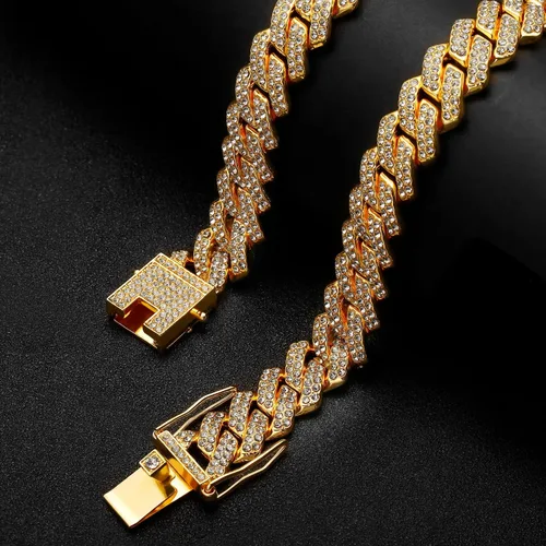 Vista 5 de Cadena de eslabones cubanos chapada en oro de 18 quilates para hombres y mujeres, diseño helado en plataorooro rosa, collar cubano de Miami, joyería