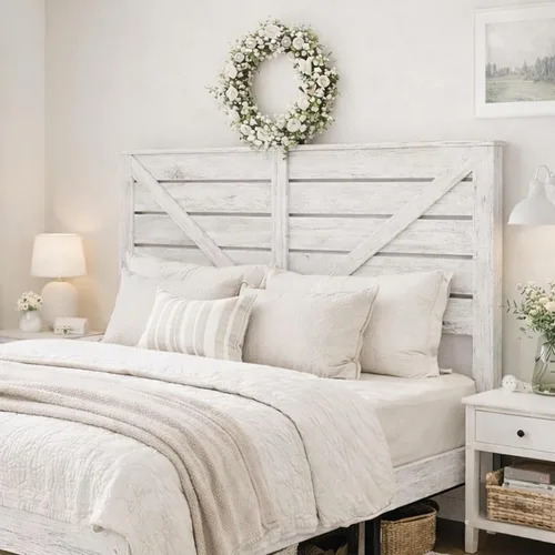Vista 5 de Base de cama de tamaño matrimonial con cabecero, plataforma de estilo granja con luces LED, carga USB, sin somier, fácil montaje, marco de cama
