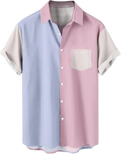 Vista 10 de Men's Color Block Button Down Shirts 2026 Summer Short Sleeve Hawaiian Shirt Loose Fit Lightweight Beach Vacation Tops