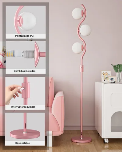 Vista 3 de Lámpara de pie rosa regulable de 60 pulgadas, lámparas de pie modernas con 3 globos de luz blanca cálida suave de 3000 K, lámpara de pie de mediados