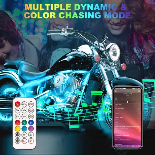 Vista 6 de Kit de 16 luces LED RGB perseguidoras para motocicleta para Harley Davidson Kawasaki Suzuki, kit impermeable de tiras de luces inferiores mágicas