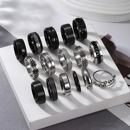 Vista 4 de IRONBOX 16 anillos de acero inoxidable para hombres y mujeres, anillos antiestrés para la ansiedad, anillos de cadena giratoria, anillos de boda