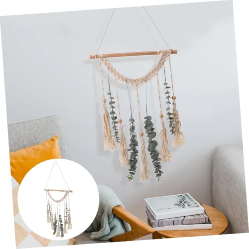 Vista 4 de DECHOUS Tapiz de algodón de macramé, 1 juego, tapiz de algodón, guirnalda verde, decoración de madera, beige, escultura de boda, macramé para colgar
