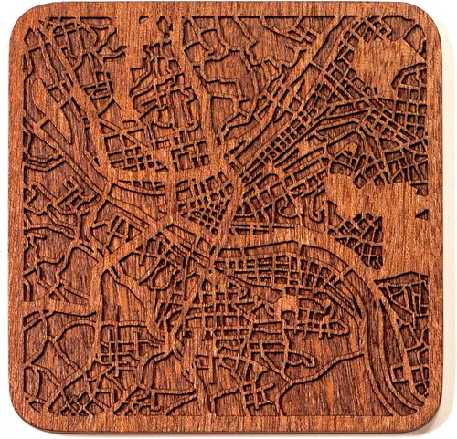 Vista 108 de Posavasos Amsterdam Map by O3 Design Studio, 1 pieza, posavasos de madera Sapele con mapa de la ciudad, hecho a mano, varias ciudades opcionales