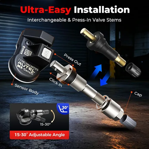 Vista 5 de Autel Juego de 4 sensores TPMS, sensor MX, sensor de presión de neumáticos MaxiTPMS 2 en 1 (315 MHz + 433 MHz), sensor OE de inserción programable