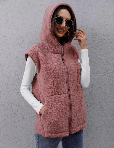 Vista 2 de TFSDOD Chaleco de forro polar sherpa para mujer, acogedor, sin mangas, con bolsillo, chaleco con capucha y cremallera para mujer