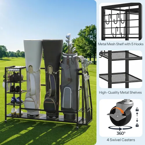 Vista 6 de HOOBRO Golf Bag Storage Garage Organizer, Golf Bag Storage Stand Fits 3 Golf Bags and Golf Equipment Rack with Wheels, Extra Storage Rack for