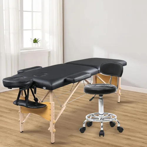 Vista 2 de Taburete multiusos para salón, taburete giratorio ajustable con cojín trasero y ruedas, perfecto para salón de belleza, spa, tatuaje, masaje