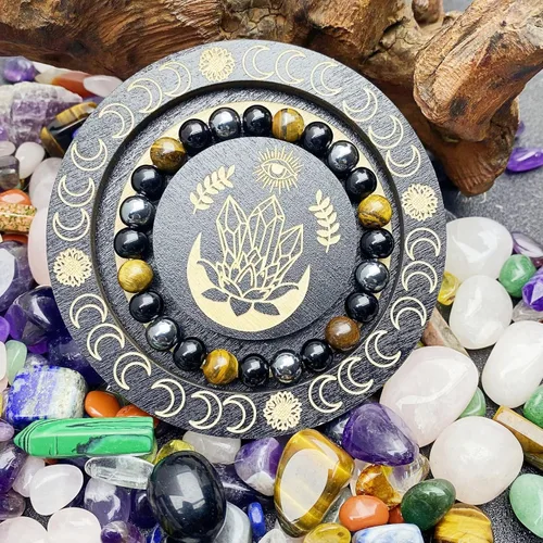 Vista 2 de Pulsera de triple protección con cuentas de ojo de tigre, obsidiana negra y hematita para hombres y mujeres, cuentas de piedras naturales y cristal