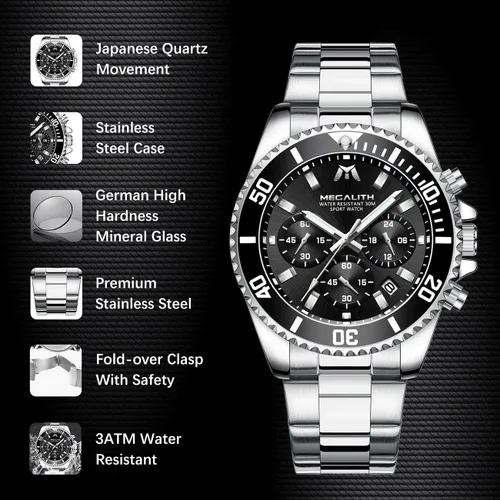 Vista 7 de MEGALITH Relojes para hombre, de acero inoxidable, resistente al agua, analógico, de cuarzo, moderno, de negocios, cronógrafo, con fecha automática