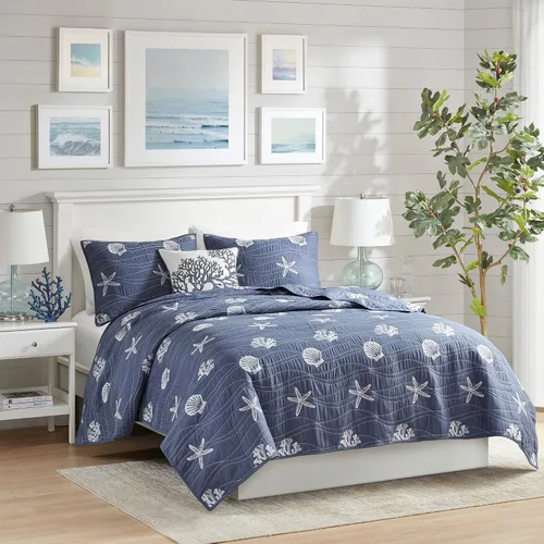 Vista 17 de Harbor House Seaside - Juego de edredón reversible de algodón con diseño de almeja costera, estrellas de mar, bordado de coral, para todas