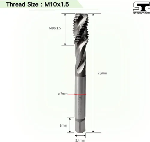 Vista 2 de SPEED TIGER TSM_M10x1.5 Grifos de flauta en espiral HSS, Tolerancia métrica M10x1.0.197 in H3, sin recubrimiento 3 flautas rectas - Fabricado