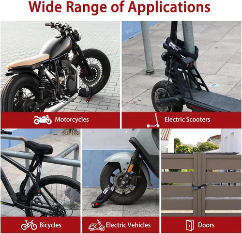 Vista 6 de BANGTING Candado de cadena de bicicleta de 4 pies resistente con alarma de 110 dB, cerradura de bicicleta resistente antirrobo con llave para Negro