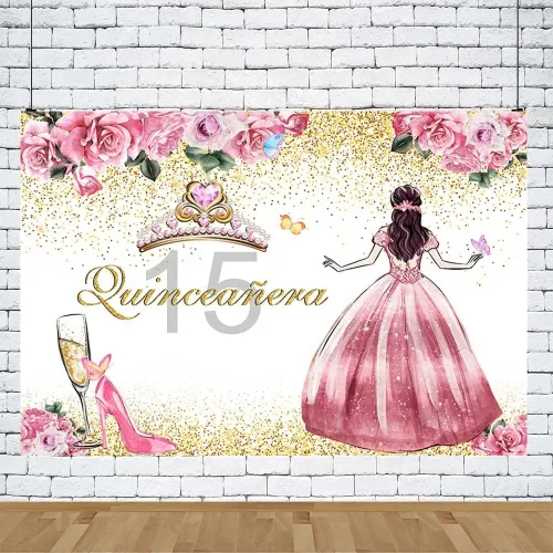 Vista 5 de AIBIIN Telón de fondo de quinceañera de 15 cumpleaños para niñas, fondo de fotografía rosa floral dorado con purpurina, corona de princesa, tacones
