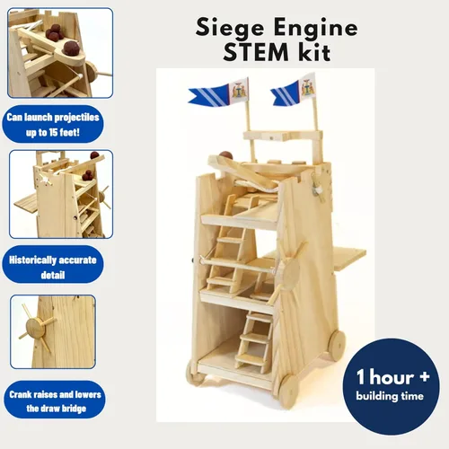 Vista 4 de PATHFINDERS Kit STEM - Torre de asedio medieval con catapulta Kit de construcción de madera para adolescentes y adultos Juguete de ingeniería