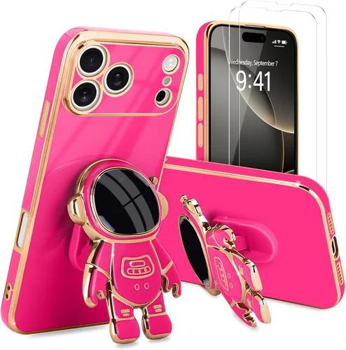 Vista 57 de Pepmune - Funda para iPhone 15 con soporte de astronauta 3D, color negro [2 Screen Protector], Luxury Electroplated Soft TPU Cover with Kickstand