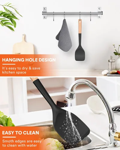 Vista 6 de Badiano Espátula de silicona, borde flexible sin arañazos para sartenes, 13.2 pulgadas Espátulas de cocina de grado alimenticio, mango de madera
