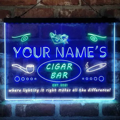Vista 9 de Personalized Cigar Bar Lounge Tri-Color LED Neon Light Sign Customize Name Date Text Quote Font Green & Red & Yellow 13 x 8.7 Inches