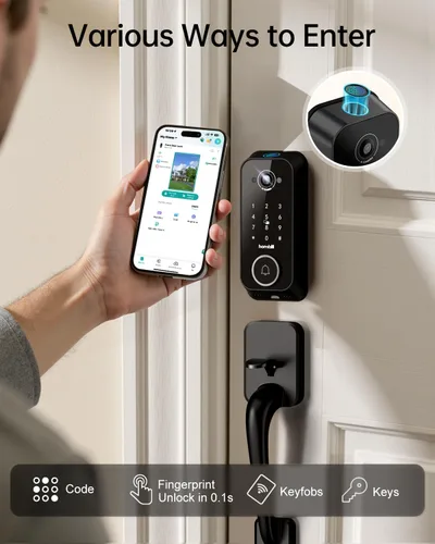 Vista 3 de Conjuntos de cerradura inteligente para puerta delantera: cerradura con cámara HD 2K con kits de timbre, cerradura de puerta sin llave con huella