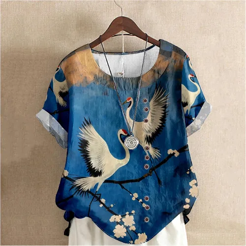 Vista 2 de domirica Flower Bird Printed Loose Boho Shirts Women Plus Size Summer Crew Neck Short Sleeve Blouses Bluecrane
