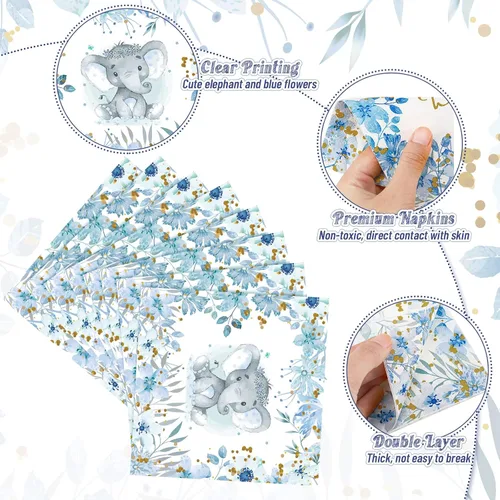 Vista 2 de Outus 100 servilletas de elefante azul para baby shower, decoraciones de baby shower para niños, cócteles, postres, servilletas de papel desechables