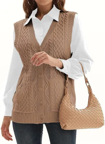 Vista 3 de Suéter de punto para mujer, cuello en V, sin mangas, cárdigan con botones, suéter con bolsillo