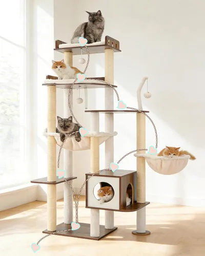 Vista 7 de Heybly Árbol para gatos, torre alta de madera para gatos grandes de Marrón rústico