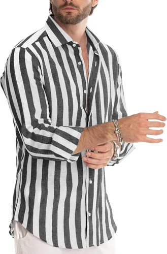 Vista 3 de Renaowin Camisas de manga larga con botones, estilo casual, a rayas, de algodón